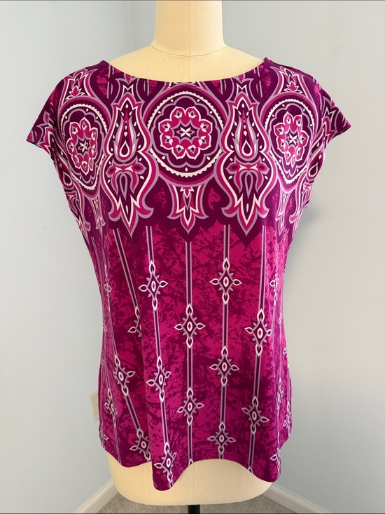 Bob Mackie Tops - Bob Mackie Boat Neck Cap Sleeve Printed Top SZS